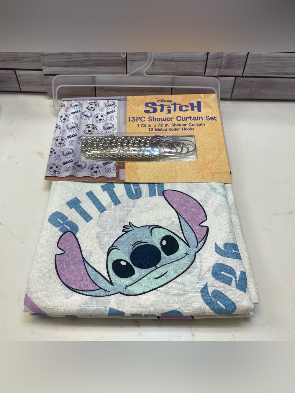 Disney STitcH ❤️13-Piece Shower Curtain Set soccer club 72x72” NWT